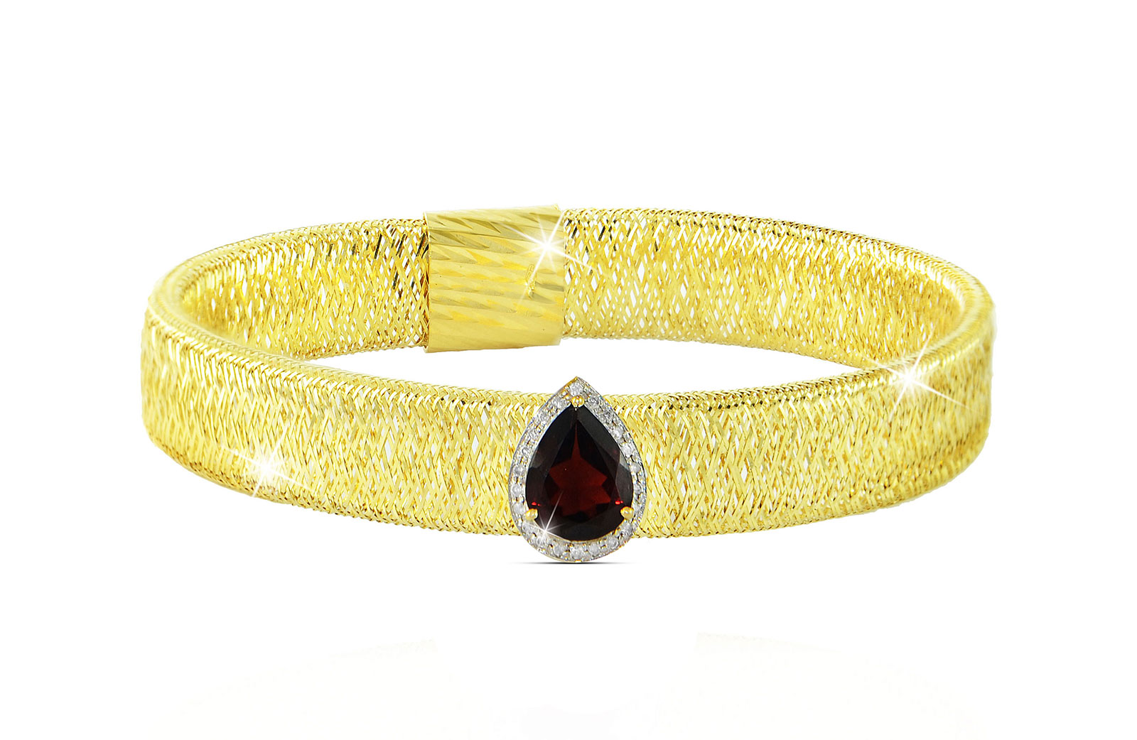 Vera Perla 18K Gold 0.12ct Diamonds, Garnet Mesh Bracelet